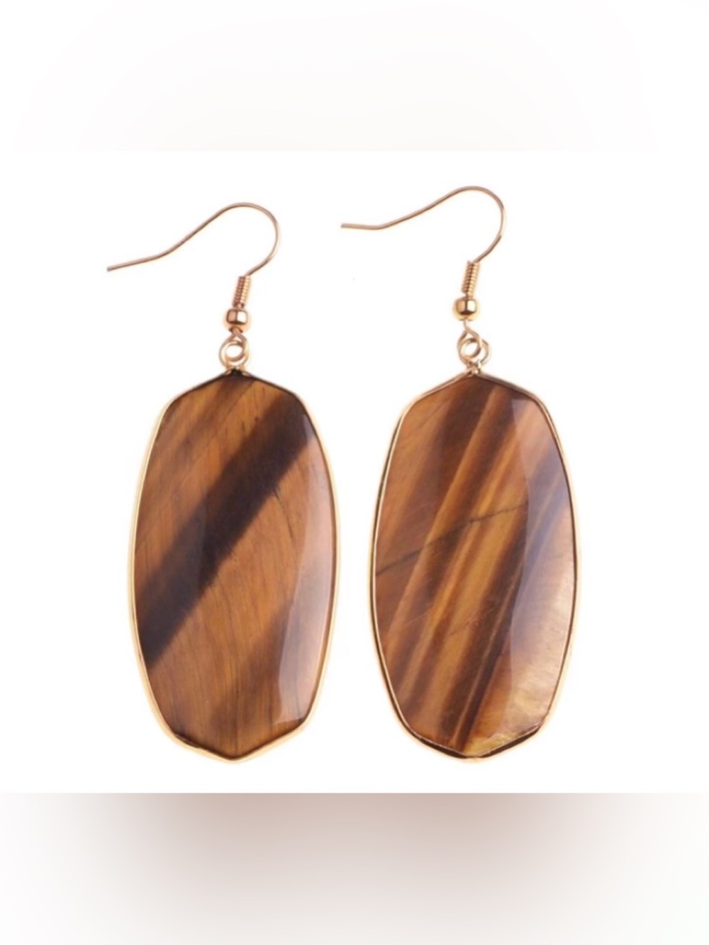 Large 14k Gold Plated Tiger Stripe Stone Oval Hexagon Dangle Statement Earrings